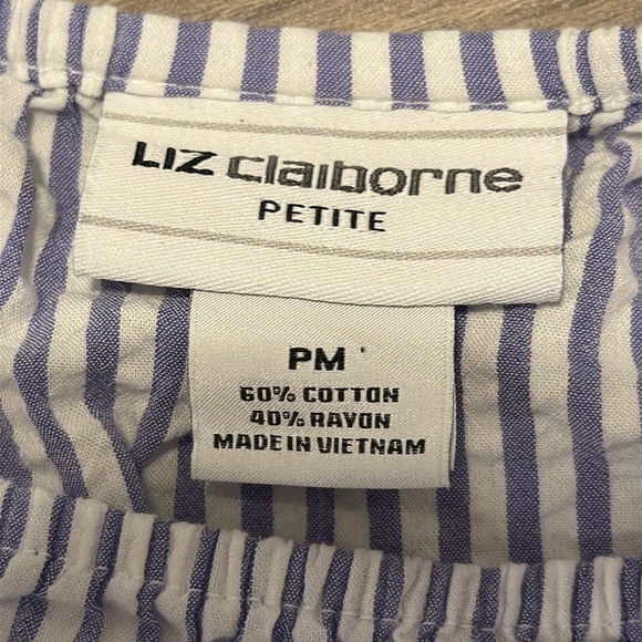 Liz Claiborne top women’s  petite Med Blue Striped cotton blend lightweight boho - Picture 7 of 9